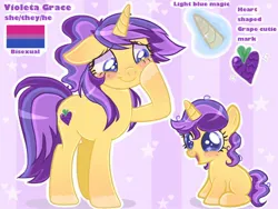 Size: 1024x768 | Tagged: safe, artist:chalaea, oc, oc:violeta grace, pony, unicorn, bisexual, blushing, cowlick, female, filly, grape, heart, image, jpeg, magic, mare, multicolored hair, multicolored mane, multicolored tail, pride flags, pronouns, smiling, striped background