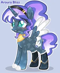 Size: 689x828 | Tagged: safe, artist:chalaea, oc, oc:aroura blizz, alicorn, crystal pony, alicorn oc, boots, ethereal mane, ethereal tail, horn, image, jpeg, patterned coat, shoes, torn ear, wings