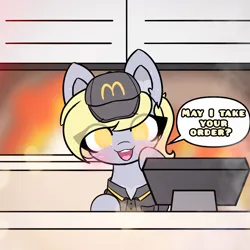 Size: 4096x4096 | Tagged: safe, artist:sodapop sprays, derpibooru import, part of a set, derpy hooves, twilight sparkle, pegasus, pony, series:derpy can't catch a break, blushing, cash register, clothes, ear fluff, fast food, fire, food, hat, image, mcdonald's, meme, part of a series, png, simple background, solo, text, this will not end well, uniform, uniform hat