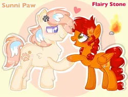 Size: 1280x980 | Tagged: safe, artist:chalaea, oc, oc:flairy stone, oc:sunni paw, blushing, braid, chest fluff, fire, image, jpeg, multicolored hair, multicolored mane, pawprint, stone