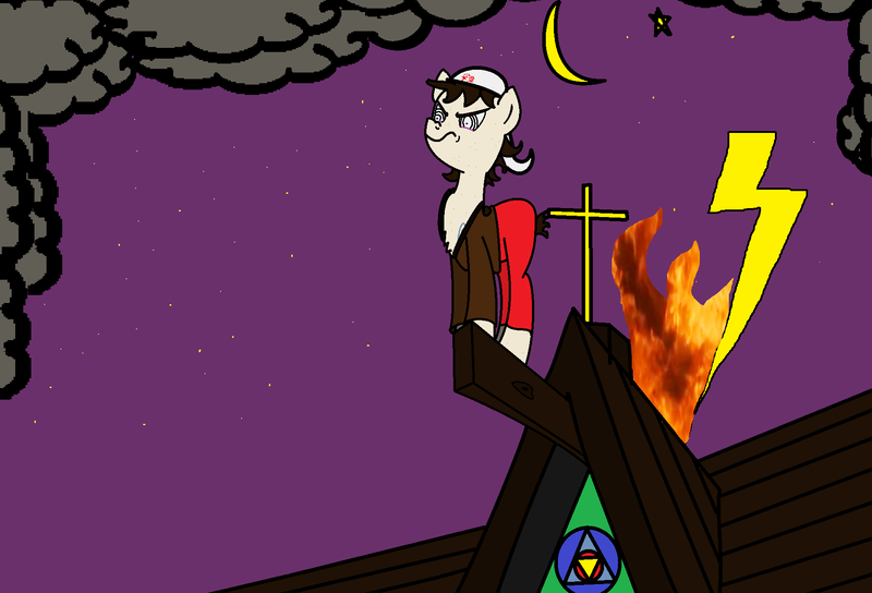 Size: 1877x1276 | Tagged: safe, artist:atomgatherer, derpibooru import, oc, oc:atom gatherer, unofficial characters only, earth pony, pony, 1000 hours in ms paint, brown hoodie, cloud, cross, hat, image, lightning, looking down, moon, no tail, png, red pants, solo, stars