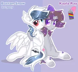 Size: 768x712 | Tagged: safe, artist:chalaea, oc, oc:baxton snow, oc:kayla ray, bat pony, broken horn, fangs, feathered wings, heterochromia, horn, image, jpeg, laces, shadow, simple background, spray can, spray paint, two toned mane, two toned tail