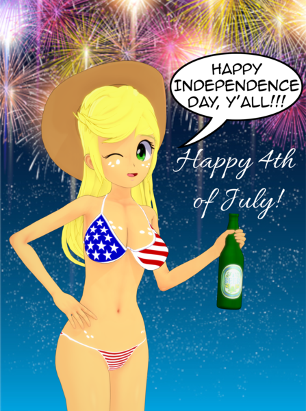 Size: 2725x3660 | Tagged: suggestive, artist:phoenixflambe, derpibooru import, applejack, equestria girls, g4, 3d, 4th of july, applejack's hat, beer bottle, bikini, bottle, breasts, clothes, cowboy hat, fireworks, flag bikini, hat, holiday, image, koikatsu, one eye closed, png, speech bubble, stetson, swimsuit, wink