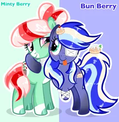 Size: 1122x1147 | Tagged: safe, artist:chalaea, oc, oc:bun berry, oc:minty berry, amputee, blushing, cinnamon bun, eyepatch, food, hugging a pony, image, jpeg, multicolored mane, piercing, shiny hooves, simple background, squishy cheeks