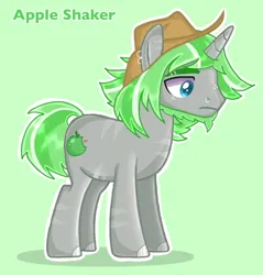 Size: 1138x1192 | Tagged: safe, artist:chalaea, oc, oc:apple shaker, unicorn, cowboy hat, freckles, gray coat, green background, hat, image, piercing, png, simple background, zebra stripes