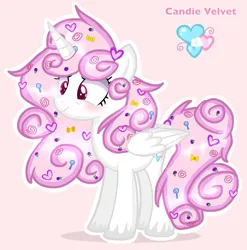 Size: 1216x1231 | Tagged: safe, artist:chalaea, oc, oc:candie velvet, alicorn, alicorn oc, blushing, candy, food, horn, image, png, simple background, white coat, wings