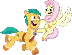 Size: 1876x1431 | Tagged: safe, artist:prixy05, derpibooru import, fluttershy, hitch trailblazer, earth pony, pegasus, pony, g4, g5, my little pony: tell your tale, duo, duo male and female, female, flying, g4 to g5, generation leap, image, male, mare, open mouth, png, running, ship:flutterhitch, shipping, simple background, stallion, straight, transparent background, vector