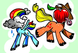 Size: 1280x875 | Tagged: safe, artist:msponies, derpibooru import, applejack, rainbow dash, earth pony, pegasus, pony, worm, g4, apple, applejack's hat, cloud, cowboy hat, duo, food, hat, image, object head, png, rainbow