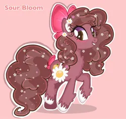 Size: 1280x1204 | Tagged: safe, artist:chalaea, oc, oc:sour bloom, bag, blushing, bow, flower, fluffy mane, fluffy tail, image, jpeg, saddle bag, simple background, unshorn fetlocks