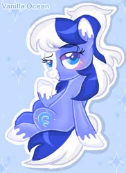 Size: 618x847 | Tagged: safe, artist:chalaea, oc, oc:vanilla ocean, blushing, image, jpeg, raised eyebrow, raised hoof, two toned coat, two toned mane, two toned tail, underhoof