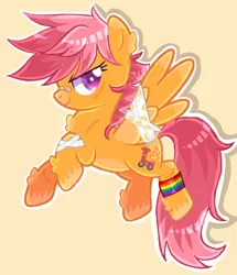 Size: 768x892 | Tagged: safe, artist:chalaea, scootaloo, bandage, bandaged leg, bandaged wing, bandaid, determined, determined look, gay pride flag, image, jpeg, looking to side, outspread wings, pride, pride flag, rainbow, simple background, unshorn fetlocks, wings, wrong cutie mark