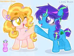 Size: 859x654 | Tagged: safe, artist:chalaea, oc, oc:dandelion daze, oc:lavey blues, frog, pony, blushing, ear piercing, earring, female, filly, flower, hoofbump, image, jewelry, jpeg, leaf, looking at each other, one eye closed, piercing, simple background, two toned hair, two toned mane, two toned tail, vase, wink