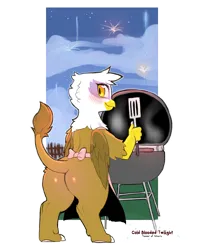 Size: 960x1200 | Tagged: safe, artist:cold-blooded-twilight, derpibooru import, gilda, gryphon, apron, blushing, clothes, cooking, fireworks, grill, image, looking back, png, raised tail, simple background, tail, transparent background, younger