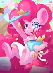 Size: 3071x4252 | Tagged: safe, artist:cutepencilcase, derpibooru import, pinkie pie, earth pony, pony, g4, bowl, dough, flour, image, png, smiling, solo