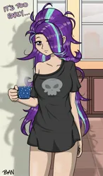 Size: 1414x2419 | Tagged: safe, artist:banquo0, derpibooru import, starlight glimmer, human, g4, bags under eyes, bed hair, bottomless, clothes, coffee, coffee cup, coffee mug, cup, eyebrows, eyebrows visible through hair, female, hair over one eye, humanized, image, jpeg, messy hair, morning, mug, oversized clothes, oversized shirt, partial nudity, schrödinger's pantsu, shirt, sleepy, solo, squint, t-shirt, text, thighs, tired, unamused