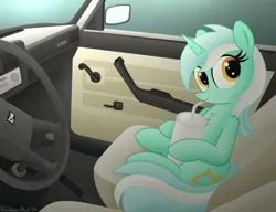 Size: 3738x2874 | Tagged: safe, artist:rainbowšpekgs, derpibooru import, lyra heartstrings, pony, unicorn, g4, car, car interior, cute, drink, female, horn, image, lada, lyrabetes, mare, paper cup, png, sitting, soda