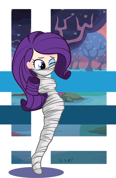 Size: 813x1252 | Tagged: suggestive, artist:brayburnman, derpibooru import, rarity, human, g4, arm behind back, bondage, breasts, cocoon, female, hopping, humanized, image, mummification, one eye closed, png, solo, solo female, teary eyes, tree