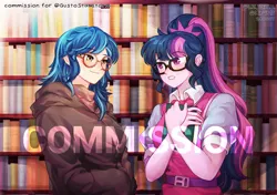 Size: 1996x1404 | Tagged: safe, artist:hiru3152, artist:lzjian79, derpibooru import, indigo zap, sci-twi, twilight sparkle, human, equestria girls, g4, alternate hairstyle, book, collaboration, commission, female, glasses, image, lesbian, library, png, shipping, twizap