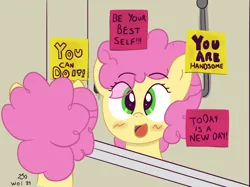 Size: 1010x755 | Tagged: safe, artist:wanda, derpibooru import, li'l cheese, earth pony, pony, the last problem, bathroom, blushing, colt, foal, happy, image, male, mirror, png, ponified animal photo, reflection, smiling, solo, sticker, text