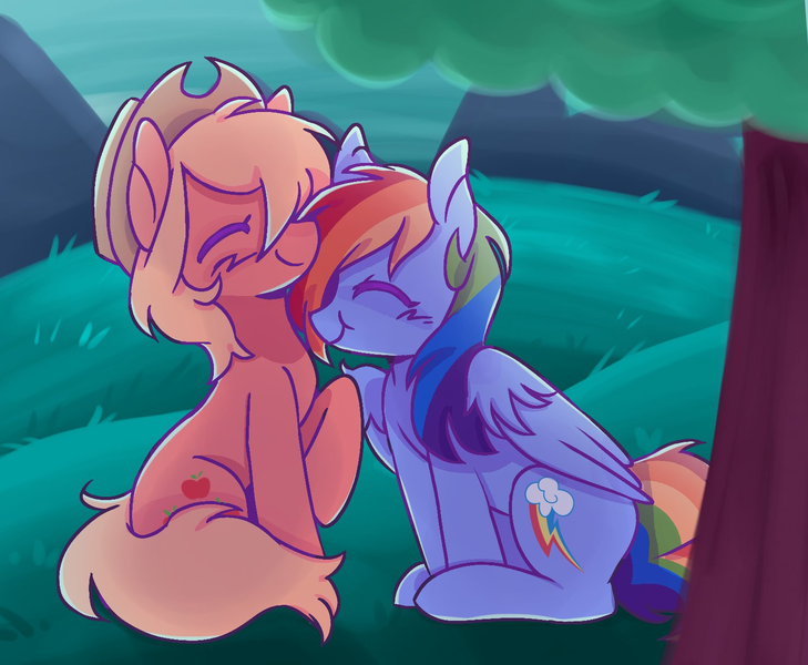 Size: 1493x1229 | Tagged: safe, artist:sillyp0ne, derpibooru import, applejack, rainbow dash, earth pony, pegasus, pony, g4, :t, appledash, applejack's hat, blush scribble, blushing, boop, colored eyelashes, colored outlines, cowboy hat, cute, dashabetes, detailed background, duo, duo female, eyes closed, female, folded wings, grass, hat, image, jackabetes, lesbian, mare, noseboop, nuzzling, outdoors, png, profile, purple eyelashes, raised hoof, shipping, sitting, smiling, stetson, tree, wing fluff, wings