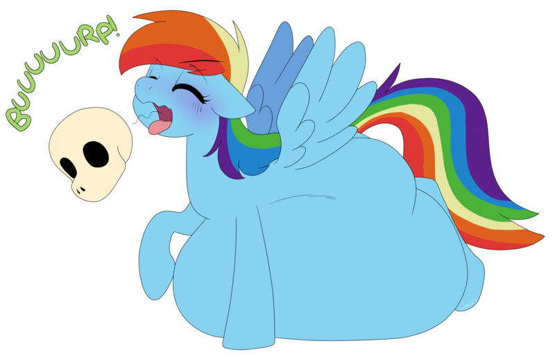 Size: 2391x1541 | Tagged: suggestive, artist:auroramint, derpibooru import, rainbow dash, pegasus, pony, g4, belly, belly on floor, big belly, burp, burping up items, eyes closed, fat, huge belly, image, open mouth, png, preddash, simple background, skull, transparent background, vore