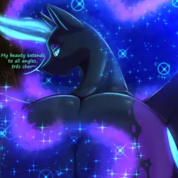 Size: 4000x4000 | Tagged: suggestive, alternate version, artist:aerospine, derpibooru import, nightmare moon, alicorn, pony, g4, absurd resolution, butt, colored pupils, cutie mark, dialogue, digital art, ethereal mane, ethereal tail, female, flowing mane, glow, glowing horn, horn, image, large butt, looking at you, looking back, looking back at you, magic, magic aura, mare, nightmare moonbutt, plot, png, rear view, smiling, solo, solo female, starry mane, stars, tail, the ass was fat, wings