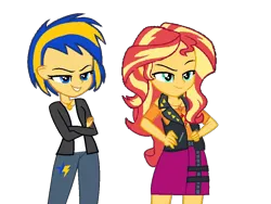 Size: 1000x750 | Tagged: safe, artist:mlpfan3991, derpibooru import, sunset shimmer, oc, oc:flare spark, human, equestria girls, g4, crossed arms, duo, duo female, female, hand on hip, image, png, simple background, smiling, transparent background