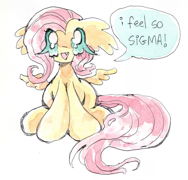 Size: 1744x1672 | Tagged: safe, artist:larvaecandy, derpibooru import, fluttershy, pegasus, pony, g4, big eyes, big hooves, colored sclera, dialogue, ear fluff, eye clipping through hair, eyelashes, fangs, female, floppy ears, image, jpeg, long mane, long tail, looking at you, mare, no pupils, open mouth, open smile, pink mane, pink tail, scan, sigma, simple background, sitting, small wings, smiling, smiling at you, solo, speech bubble, spread wings, tail, talking, talking to viewer, teal eyes, teal sclera, text, traditional art, watercolor painting, wavy mane, wavy tail, white background, wingding eyes, wings, yellow coat