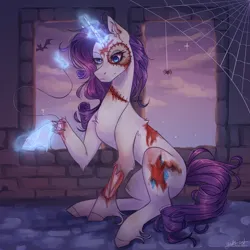 Size: 2000x2000 | Tagged: grimdark, artist:squishkitti, derpibooru import, rarity, bat, undead, zombie, blood, image, magic, needle, png, solo, spider web, thread