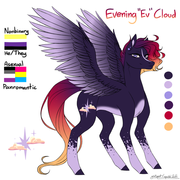 Size: 3000x3000 | Tagged: safe, artist:squishkitti, derpibooru import, oc, oc:evening cloud, unofficial characters only, pegasus, pony, asexual pride flag, coat markings, colored pinnae, colored wings, ear piercing, earring, facial markings, gradient mane, gradient tail, gradient wings, image, jewelry, mixed pronouns, nonbinary, nonbinary pride flag, pale belly, pansexual pride flag, piercing, png, pride, pride flag, pronouns, reference sheet, signature, simple background, socks (coat marking), solo, spread wings, stripe (coat marking), tail, transgender, white background, wings