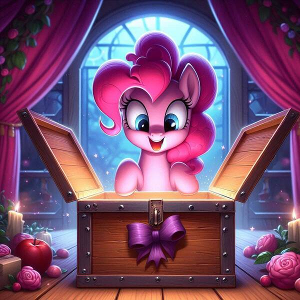 Size: 1024x1024 | Tagged: safe, ai content, derpibooru import, machine learning generated, pinkie pie, earth pony, g4, box, female, image, jpeg, prompter:pinkiepiepics