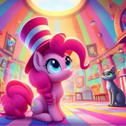 Size: 1024x1024 | Tagged: safe, ai content, derpibooru import, machine learning generated, pinkie pie, cat, earth pony, g4, dr. seuss, female, hat, image, jpeg, prompter:pinkiepiepics, the cat in the hat