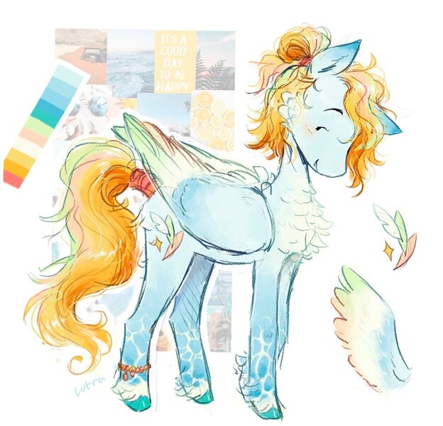 Size: 973x935 | Tagged: oc name needed, safe, artist:lutraviolet, derpibooru import, oc, unofficial characters only, pegasus, pony, ambiguous gender, anklet, blue coat, blushing, butt fluff, caustics, cheek fluff, chest fluff, coat markings, color palette, colored eartips, colored wings, colored wingtips, dot eyes, ear fluff, facial markings, fluffy, folded wings, gradient legs, hair bun, image, jewelry, jpeg, large wings, leg fluff, long tail, looking back, moodboard, multicolored mane, multicolored tail, multicolored wings, multicolored wingtips, pegasus oc, profile, reference sheet, shiny mane, shiny tail, signature, simple background, solo, spread wings, standing, tail, thin legs, tied mane, unshorn fetlocks, water legs, wavy mane, wavy tail, white background, white wingtips, wing fluff, wings