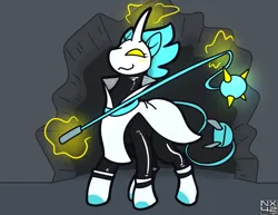 Size: 3850x2975 | Tagged: safe, artist:boundbrush, derpibooru import, ponified, pony, robot, robot pony, unicorn, :3, blush sticker, blushing, boots, broken wall, clothes, deltarune, female, glow, glowing horn, high res, horn, image, levitation, magic, mare, plug tail, png, shoes, solo, tasque manager, telekinesis, whip