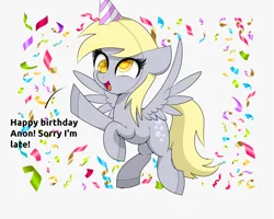 Size: 2500x2000 | Tagged: safe, artist:scandianon, derpibooru import, derpy hooves, pegasus, pony, g4, bipedal, colored, colored hooves, colored pupils, cross-eyed, english, female, happy, happy birthday, hat, hooves, image, mare, open mouth, open smile, party hat, png, rounded rectangular catchlights, simple background, smiling, solo, streamers, talking, white background