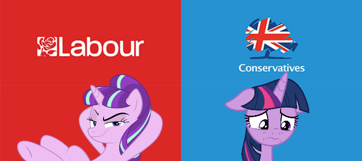 Size: 720x320 | Tagged: safe, derpibooru import, starlight glimmer, twilight sparkle, conservative, current events, happy, image, labour, png, politics, s5 starlight, sad, united kingdom