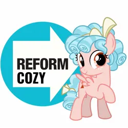 Size: 1440x1440 | Tagged: safe, derpibooru import, cozy glow, pegasus, pony, g4, current events, female, filly, foal, image, jpeg, logo, politics, pun, reform uk, simple background, solo, united kingdom, white background