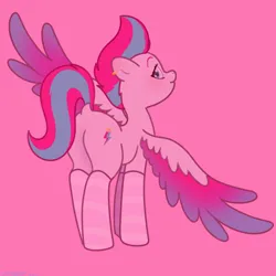 Size: 2480x2480 | Tagged: safe, artist:starburstuwu, derpibooru import, zipp storm, earth pony, pony, g5, adorazipp, blushing, butt, clothes, cute, female, high res, image, jpeg, looking at you, looking back, looking back at you, mare, pink background, plot, rear view, simple background, socks, solo, spread wings, striped socks, wings, zippbutt