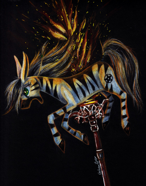 Size: 1566x2000 | Tagged: grimdark, artist:cahandariella, derpibooru import, oc, oc:cahan, unofficial characters only, zebra, atg 2024, blood, colored pencil drawing, crying, death, elden ring, fire, image, impalement, jpeg, newbie artist training grounds, solo, spear, traditional art, weapon, zebra oc