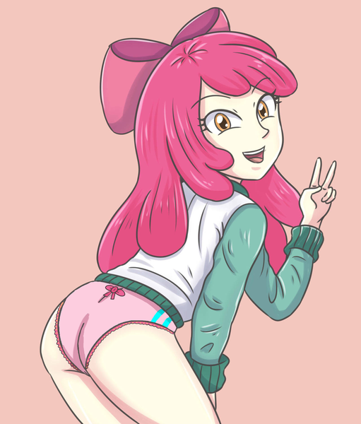 Size: 1280x1504 | Tagged: suggestive, artist:sumin6301 edits, derpibooru import, edit, editor:mlplove, apple bloom, human, equestria girls, g4, bent over, bloom butt, bow, bowtie, butt, cameltoe, clothes, cute, eyebrows, eyebrows visible through hair, female, frills, frilly underwear, hair bow, hand on leg, hand on thigh, happy, high res, image, looking at you, looking back, looking back at you, older, older apple bloom, open mouth, panties, panty shot, peace sign, pink frills, pink panties, pink underwear, png, rear view, simple background, solo, solo female, teeth, thighs, tongue out, underwear, underwear edit