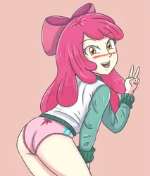Size: 2560x3008 | Tagged: suggestive, artist:sumin6301 edits, derpibooru import, edit, editor:mlplove, apple bloom, human, equestria girls, g4, bent over, bloom butt, blushing, blushing profusely, bow, bowtie, bowtie on panites, butt, cameltoe, clothes, cute, eyebrows, eyebrows visible through hair, female, frills, frilly panties, frilly underwear, hair bow, hand on leg, hand on thigh, happy, high res, image, looking at you, looking back, looking back at you, older, older apple bloom, open mouth, panties, panty shot, peace sign, pink frills, pink panties, pink underwear, png, rear view, simple background, solo, solo female, teeth, thighs, tongue out, underwear, underwear edit, vaginal secretions, wet panties