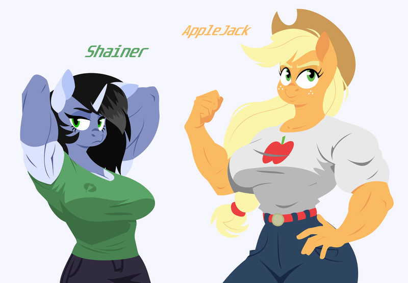 Size: 3711x2580 | Tagged: safe, artist:isaac_pony, derpibooru import, applejack, oc, oc:shainer shrapnel shock, anthro, earth pony, unicorn, apple, applejacked, breasts, canon x oc, clothes, female, food, freckles, hat, horn, image, lineless, long mane, muscles, muscular female, png, shirt, simple background, t-shirt, text, transparent background, vector