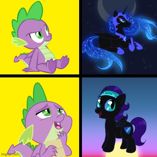 Size: 500x500 | Tagged: safe, artist:c-puff, derpibooru import, editor:railpony, spike, oc, oc:nyx, alicorn, dragon, pony, fanfic:past sins, armor, boots, breatplate, brooding, brother and sister, clothes, crescent moon, cutie mark, dawn, duo, ethereal hair, eyeshadow, female, folded wings, hairband, headband, hotline bling, image, imgflip, jpeg, makeup, male, meme, moon, morning sky, night, night sky, nightmare nyx, ponified meme, shoes, siblings, sky, slit pupils, spread wings, sunrise, winged spike, wings