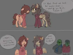 Size: 2732x2048 | Tagged: safe, artist:purple-blep, ponerpics import, oc, oc:anon, oc:autumnal potpourri, oc:paradise skies, unofficial characters only, human, pegasus, pony, 2 panel comic, blind, bow, clothes, comic, dialogue, facepalm, female, floppy ears, gray background, hat, image, mare, png, scarf, simple background, sweater