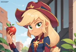 Size: 2432x1664 | Tagged: safe, ai content, derpibooru import, machine learning generated, prompter:kimberlite, stable diffusion, applejack, human, equestria girls, g4, apple, captain apple, city, crossover, food, generator:pony diffusion v6 xl, hat, holding, image, marvel, png, serious, stars, superhero