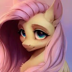 Size: 4000x4000 | Tagged: safe, artist:miokomata, derpibooru import, fluttershy, pegasus, pony, g4, bust, chest fluff, female, freckles, freckleshy, gradient background, image, jpeg, looking at you, mare, solo