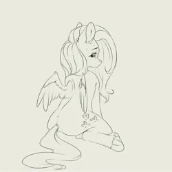 Size: 4000x4000 | Tagged: safe, artist:miokomata, derpibooru import, fluttershy, pegasus, pony, g4, black and white, butt, female, flutterbutt, freckles, freckleshy, frog (hoof), grayscale, image, jpeg, lineart, looking at you, looking back, looking back at you, mare, monochrome, partially open wings, plot, rear view, simple background, solo, underhoof, white background, wings