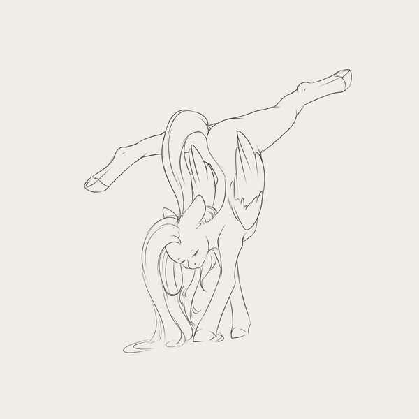 Size: 4000x4000 | Tagged: safe, artist:miokomata, derpibooru import, fluttershy, pegasus, pony, g4, black and white, butt, eyes closed, female, flexible, floppy ears, flutterbutt, frog (hoof), grayscale, handstand, image, jpeg, lineart, mare, monochrome, plot, simple background, solo, splits, underhoof, upside down, white background