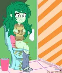 Size: 3508x4139 | Tagged: suggestive, artist:starpaint0011, derpibooru import, wallflower blush, equestria girls, g4, bathroom, bathroom stall, clothes, fart, female, fetish, freckles, image, implied pooping, pants, png, shoes, sitting, solo, toilet, toilet paper, trash can