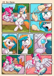 Size: 1810x2560 | Tagged: safe, artist:skysorbett, derpibooru import, oc, oc:sky sorbet, oc:twister joy, unofficial characters only, pegasus, pony, angry, bench, blushing, comic, crying, duo, duo male and female, eyebrows, eyes closed, female, folded wings, food, frame, frown, high res, ice cream, image, lying down, male, mini comic, one page comic, open mouth, open smile, pegasus oc, png, ponyloaf, prone, signature, sitting, smiling, spread wings, stallion, text, upset, wings